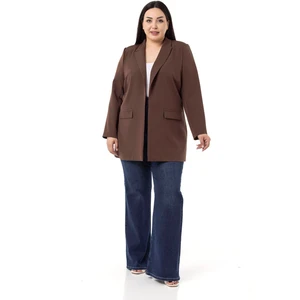 Disentis Modest Büyük Beden Mono Yaka Süs Cep Kapaklı Kahverengi Astarsız Kadın Ceket
