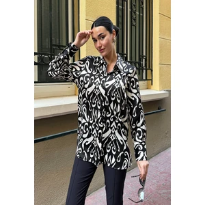 Now Moda Desenli Saten Siyah Gömlek