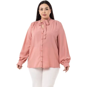 Disentis Modest Büyük Beden Boyundan Bağlama Detaylı Manşetli Pudra Gömlek