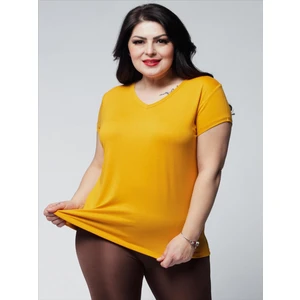 Kadın Büyük Beden V Yaka Basic Kısa Kollu Hardal T-Shirt