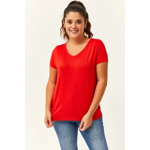 Kadın Büyük Beden V Yaka Basic Kısa Kollu Kırmızı T-Shirt
