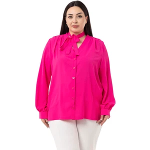 Disentis Modest Büyük Beden Boyundan Bağlama Detaylı Manşetli Fuşya Gömlek