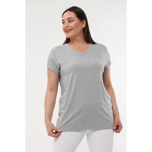 Kadın Büyük Beden V Yaka Basic Kısa Kollu Gri T-Shirt