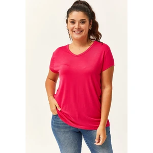 Kadın Büyük Beden V Yaka Basic Kısa Kollu Pembe T-Shirt