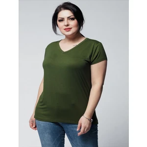 Kadın Büyük Beden V Yaka Basic Kısa Kollu Haki T-Shirt