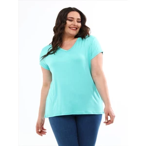 Kadın Büyük Beden V Yaka Basic Kısa Kollu Mint T-Shirt