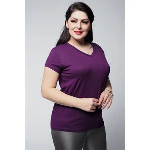 Kadın Büyük Beden V Yaka Basic Kısa Kollu Mor T-Shirt