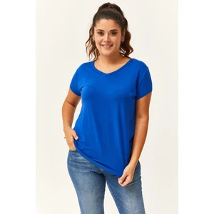 Kadın Büyük Beden V Yaka Basic Kısa Kollu Mavi T-Shirt