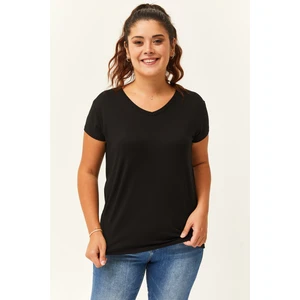 Kadın Büyük Beden V Yaka Basic Kısa Kollu Siyah T-Shirt