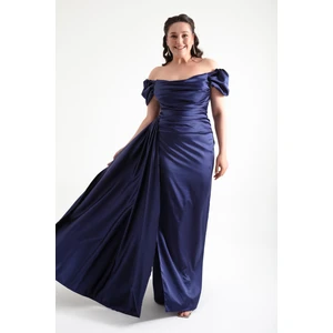 Kadın Lacivert Kayık Yaka Kuyruklu Uzun Saten Abiye & Mezuniyet Elbisesi