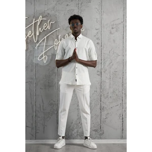 Ince Çizgili Yaka Düğmeli Katlamalı Kol Pamuklu Slimfit Yazlık Keten Gömlek