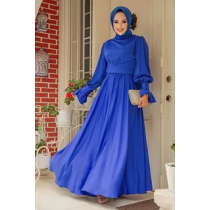 Neva Style Sax Mavisi Tesettür Saten Abiye Elbise 5983SX