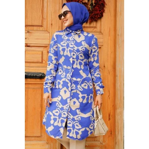 Neva Style Desenli Sax Mavisi Tesettür Tunik 11685SX