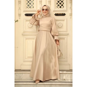 Neva Style Bej Tesettür Saten Abiye Elbise 5983BEJ