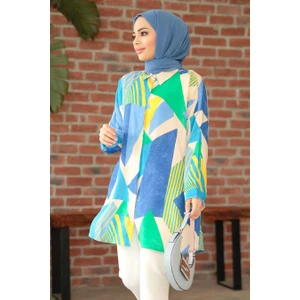 Neva Style Desenli Mavi Tesettür Tunik 11682M