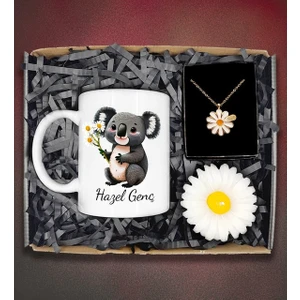 Kişiye Özel Papatya Kolye&kişiye Özel Koala Kupa&papatya Mum Hediye Kutusu