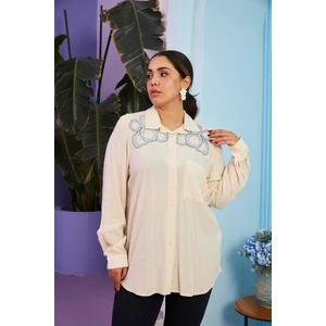 Omuz Nakış Işlemeli Büyük Beden Uzun Kol Krem Gömlek