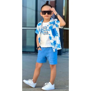 3-12 Yaş Müslin Gömlek Palmiye Baskılı Şortlu Takım ( Mavi )