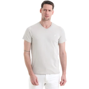Ekru Regular Fit Düz 100% Pamuklu V Yaka Tişört