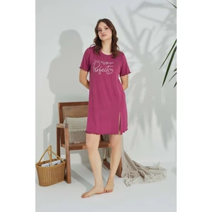 Kadın Pembe Bisiklet Yaka Kısa Fırfır Kol Viskon Yırtmaç Detaylı Mini Gecelik Elbise