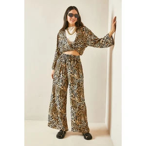Bej Leopar Desenli Beli Lastikli Bol Paça Viskon Pantolon 5YXK5-48467-25