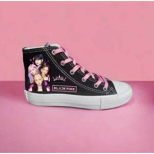 Amazoon Desing Blackpink Baskılı Old Taç Siyah Keten Çocuk Spor Ayakkabı Sneaker Okul Ayakkabısı