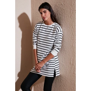 Modest Çizgili Pamuklu Regular Fit Bisiklet Yaka Tunik Bayan Tunik 5865784