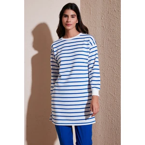 Modest Çizgili Pamuklu Regular Fit Bisiklet Yaka Tunik Bayan Tunik 5865784