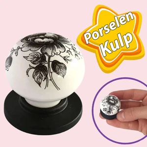 Erguvan Gerçek Porselen Düğme Siyah-Beyaz Çekmece Dolap Kapak Kulpu Kulbu Porselen Kulp