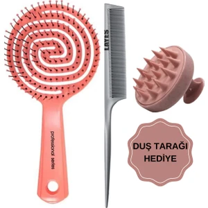Pembe Pro Üç Boyutlu Tarak Oval Saç Açıcı Fırça + Krepe Tarak + Pembe Duş Tarağı