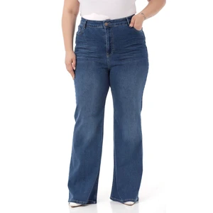 Disentis Modest Büyük Beden Önü Kraşlı Yüksek Bel Ispanyol Paça Mavi Denim Pantolon