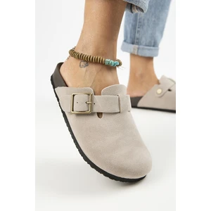 Zeta 2 Kadın Deri  Deri Kemerli Tokalı Sabo Bej Terlik