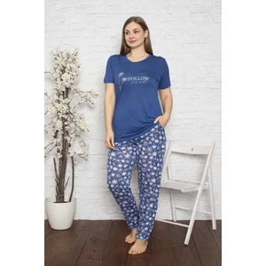 Kadın Mavi Düğmesiz Yuvarlak Yaka Geniş Battal Beden Viskon Cepli Büyük Beden Pijama Takımı