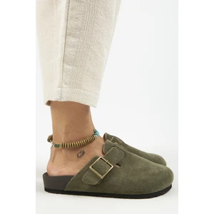 Zeta 2 Kadın Deri  Deri Kemerli Tokalı Sabo Haki Terlik