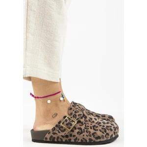 Zeta Leopar Kadın Deri Deri Kemerli Tokalı Sabo Vizon Terlik