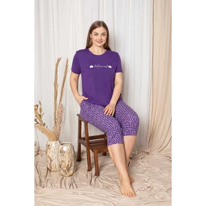 Kadın Yuvarlak Yaka Düğmesiz Viskon Geniş Battal Büyük Beden Cepli Kapri Pijama Takımı