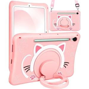M.TK Moveteck Samsung Galaxy Tab S9 Fe/ S10 Fe/ S10 Lite 10.9 Inç Pembe Kılıf Askılı Standlı Kedi Çocuk ı Askılı Standlı Eğlenceli Karakterli SM-X510  X400