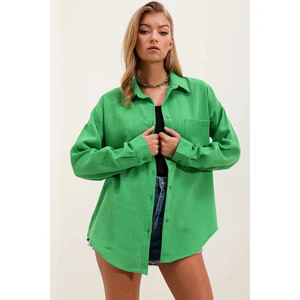 Kadın Yeşil Tek Cepli Oversize Keten Ayrobin Gömlek HZL24S-BD1201531