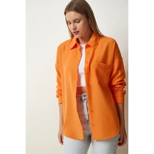 Kadın Oranj Tek Cepli Oversize Keten Ayrobin Gömlek HZL24S-BD1201531