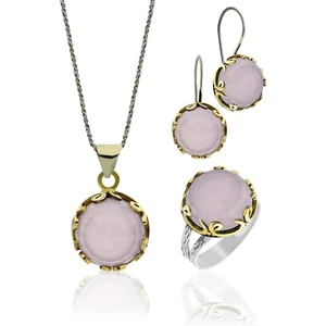 Roza Silver Pembe Kuvars Taşlı Vav Harfi Motifli Otantik Gümüş Kadın Set