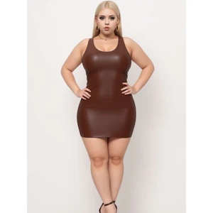 Acı Kahve Büyük Beden Deri Elbise