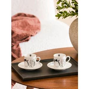 LCW Home Porselen Kedi Desenli 2 Kişilik Kahve Fincan Takımı 90 ml Beyaz