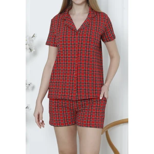 Kadın Düğmeli Şortlu Pijama Takımı Ekoseli Pamuklu Likralı Cepli Kırmızı