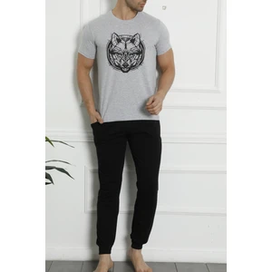 Tom John Erkek Pijama Takımı Kısa Kollu Cepli Pamuk 3 Lu Set Bermuda Şort Kurt Baskılı Gri