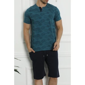 Tom John Erkek Şortlu Bermuda Pijama Takımı Kısa Kollu Cepli Pamuk Yeşil