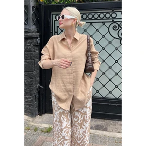 Bej Uzun Kollu Oversize Gömlek MG2003