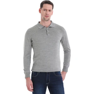 Gri Regular Fit Düz Polo Yaka Triko Kazak