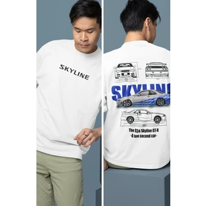 Oversize Mavi Gtr 34 Nissan Skyline Sırt Baskılı Tişört, Erkek-Kadın Araba Temalı Couple T-Shirt