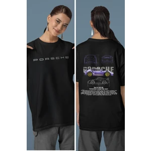 Unisex Mor Porsche 911 Sırt Baskılı Çift T-Shirt, Oversize Yarış Araba Temalı Tişört