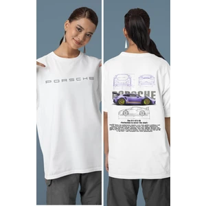 Fuddy Moda Unisex Mor Porsche 911 Sırt Baskılı Çift T-Shirt, Oversize Yarış Araba Temalı Tişört